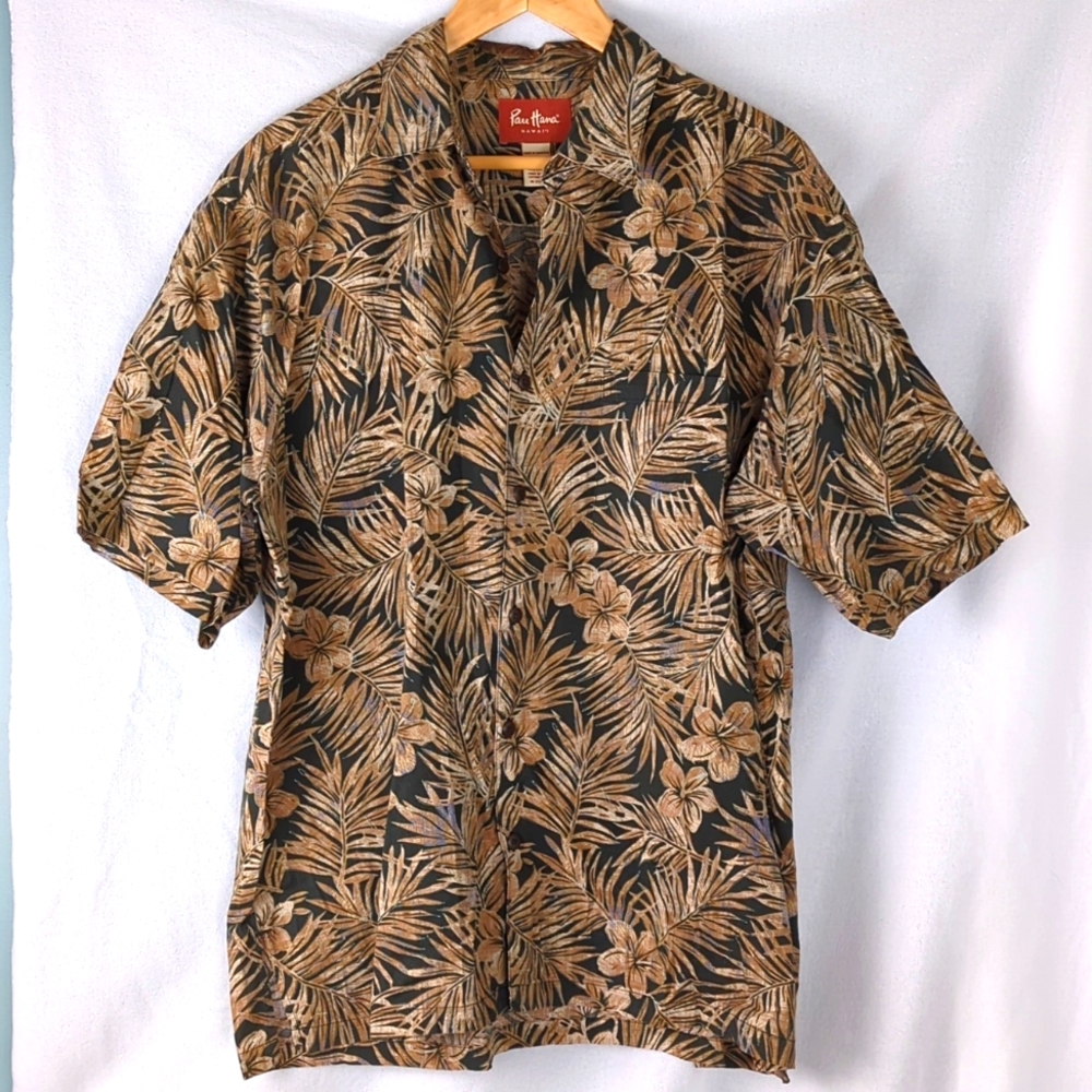 PAU HANA Hawaii Men's XL Brown Black Tropical Print Shirt
